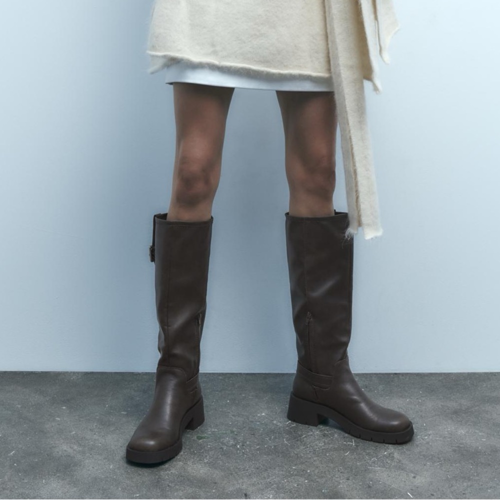 NWT Zara Squared Toe Side Buckle Zip Closure Knee High Flat Boots Sz:10 Brown